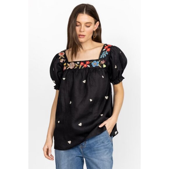 Johnny Was Maris Square Neck Park Blouse Peasant Embroidered Black Size Large